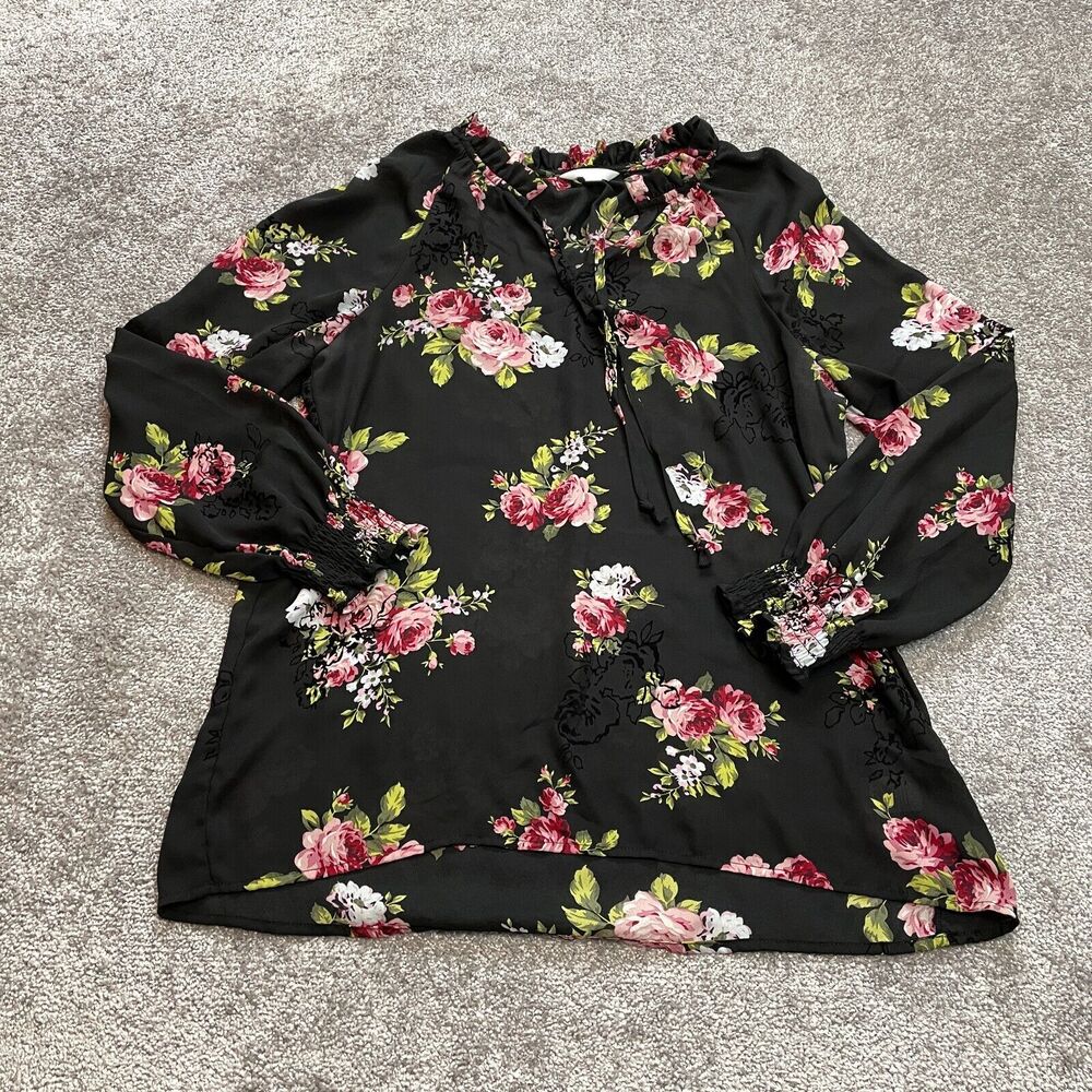 Time & True Blouse Shirt womens Medium 8-10 Black Floral Long Sleeve Stretch Top